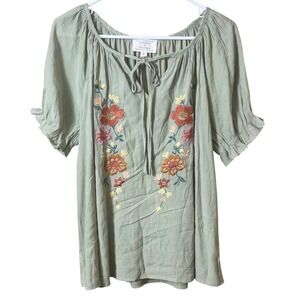Flower & Feather Floral Embroidered Short Sleeve Peasant Blouse Medium Sage